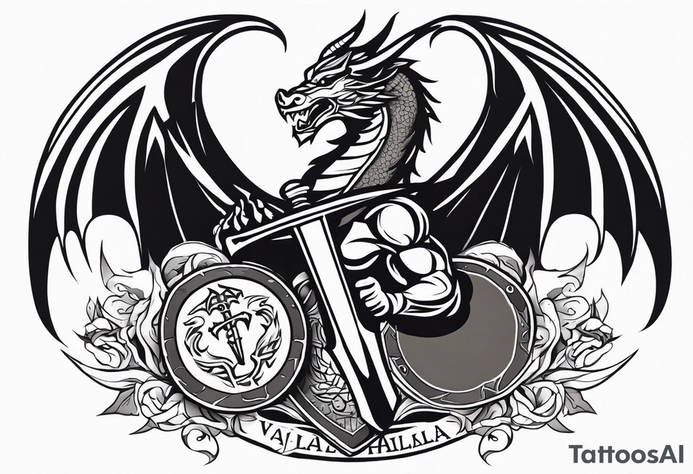 Valhalla prayer sword shield dragon axe tattoo idea