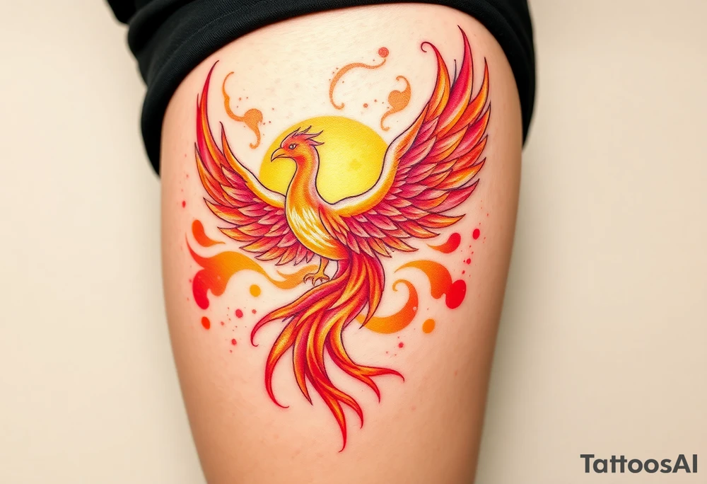 magnificent phoenix rising from flames with trailing embers pinks golds orange and yellows with a golden sunset and sky backdrop tattoo idea