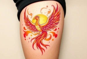 magnificent phoenix rising from flames with trailing embers pinks golds orange and yellows with a golden sunset and sky backdrop tattoo idea