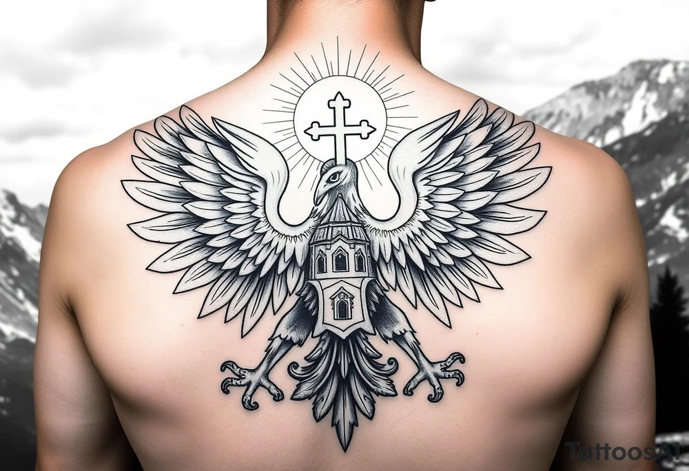 i am looking at getting a russian / serbian style double headed eagle like the coat of arms spread out on my back neck across my shoulders / traps in a orthodox christian church style setting with a sun beaming and in a mountainous setting, such as a Sovereign of the Mountain and an orthodox church in the background with the russian orthodox cross spire of the orthodox church being visible on my neck with a sun beaming in the background that the cross sits inside tattoo idea