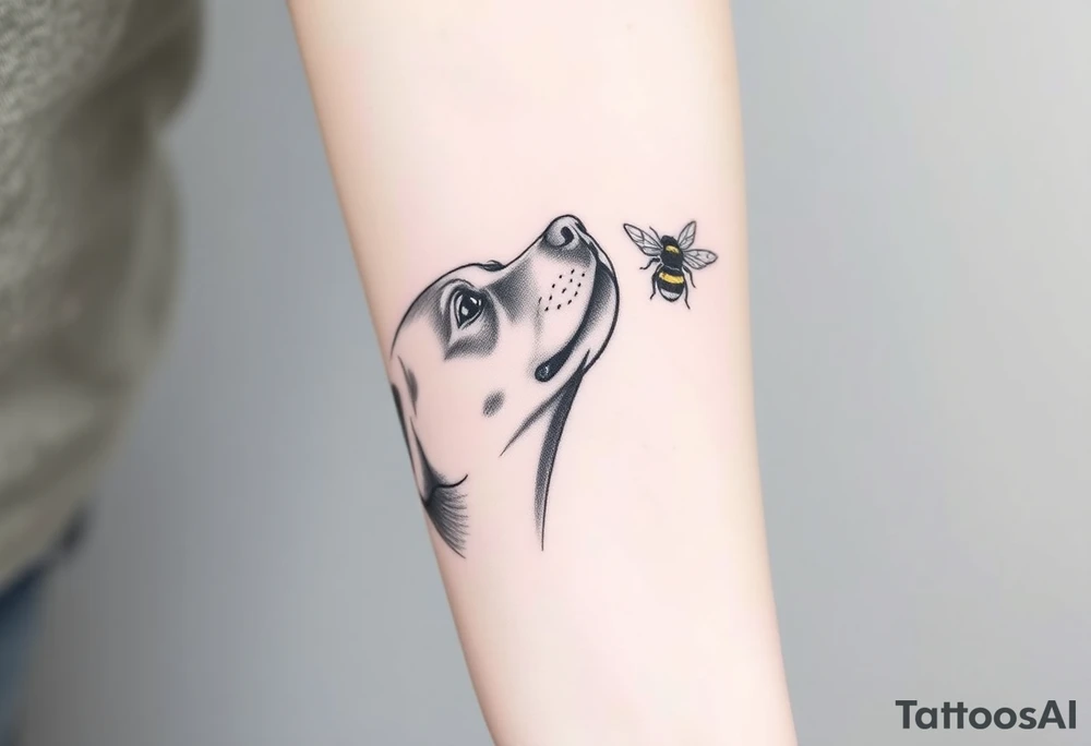 brown lab looking up at a bumble bee like it’s almost about to sniff it but they’re not touching. all black ink and fine line tattoo idea