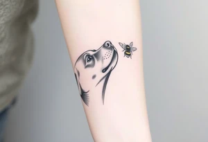 brown lab looking up at a bumble bee like it’s almost about to sniff it but they’re not touching. all black ink and fine line tattoo idea