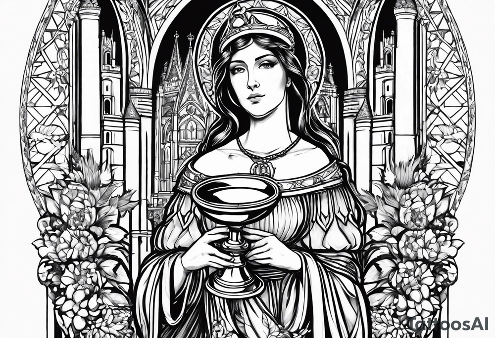 Saint Barbara holding a chalice with a tower beside her tattoo idea
