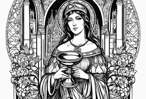 Saint Barbara holding a chalice with a tower beside her tattoo idea