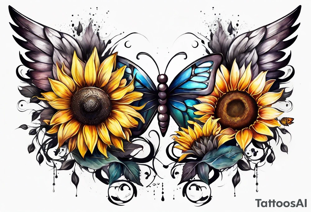 Sleeve with angel wings, sunflower and butterfly tattoo idea