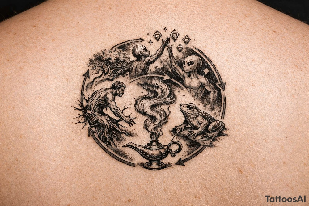 A man turning into a tree then sprouting into a frog from then evolving into a alien then reaching for the stares and grabbing diamonds out of the sky then getting sucked into a gene lamp cycle circle tattoo idea
