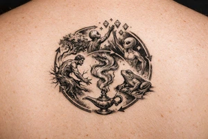A man turning into a tree then sprouting into a frog from then evolving into a alien then reaching for the stares and grabbing diamonds out of the sky then getting sucked into a gene lamp cycle circle tattoo idea