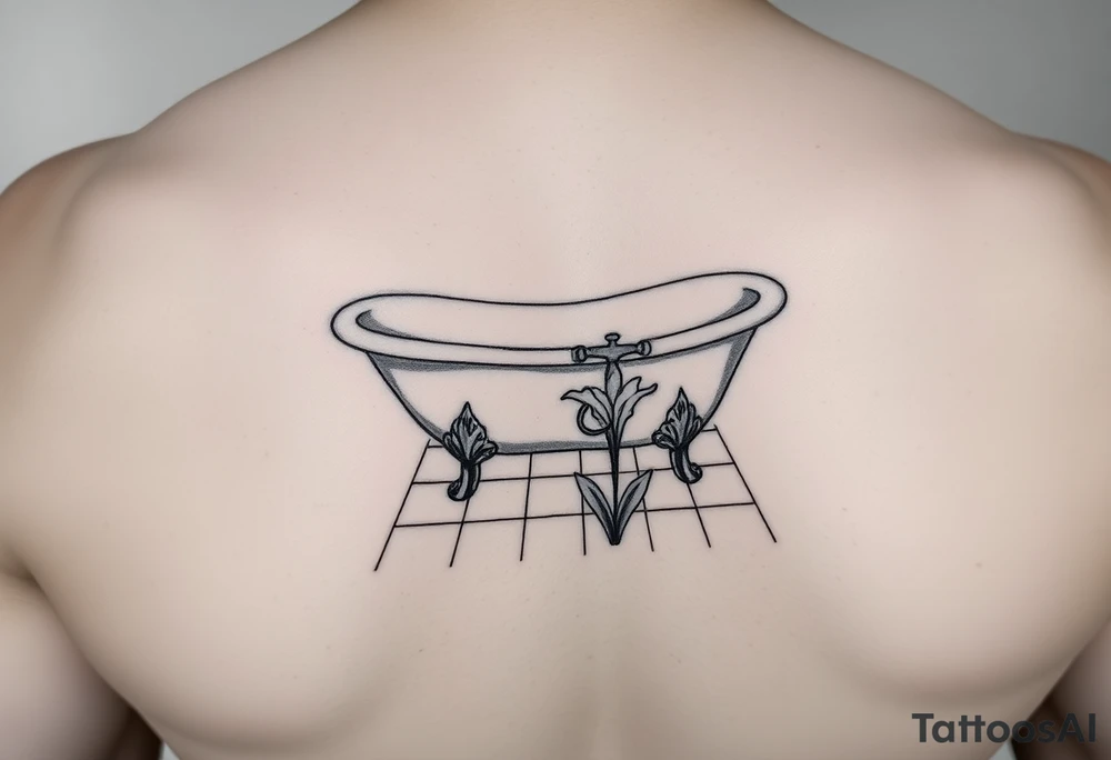 clawfoot bathtub with simple faucet and lily coming up out of the tile floor tattoo idea