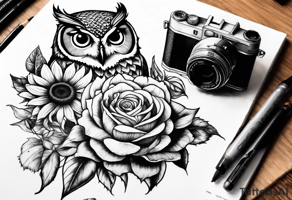 Sunflower, camera, book, owl, flower rose tattoo idea
