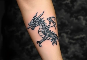 fierce dragon breathing iridescent fire against stormy skies tattoo idea