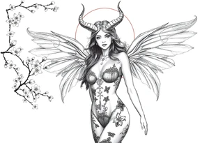 Hottest depiction of a starter the goddess of Love and war nude with see-through exotic lingerie at sunset with cherry blossoms with angel wings resembling a lunar moths also horns resembling antenna tattoo idea