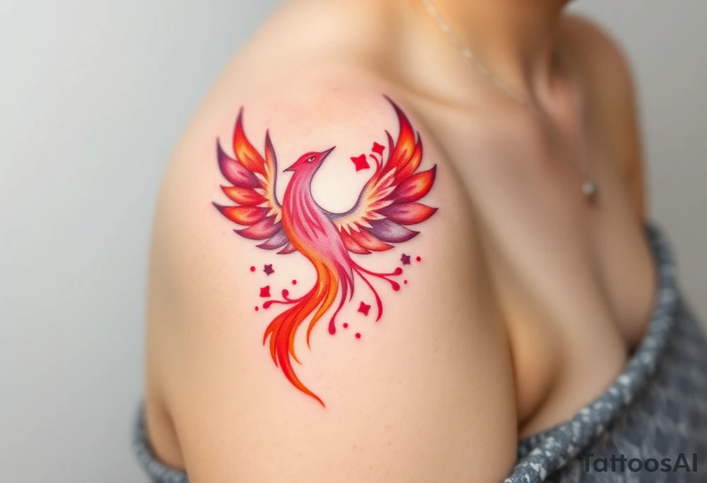 Phoenix rising from the ashes with the colors red, pink, orange and purple tattoo idea