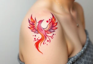 Phoenix rising from the ashes with the colors red, pink, orange and purple tattoo idea