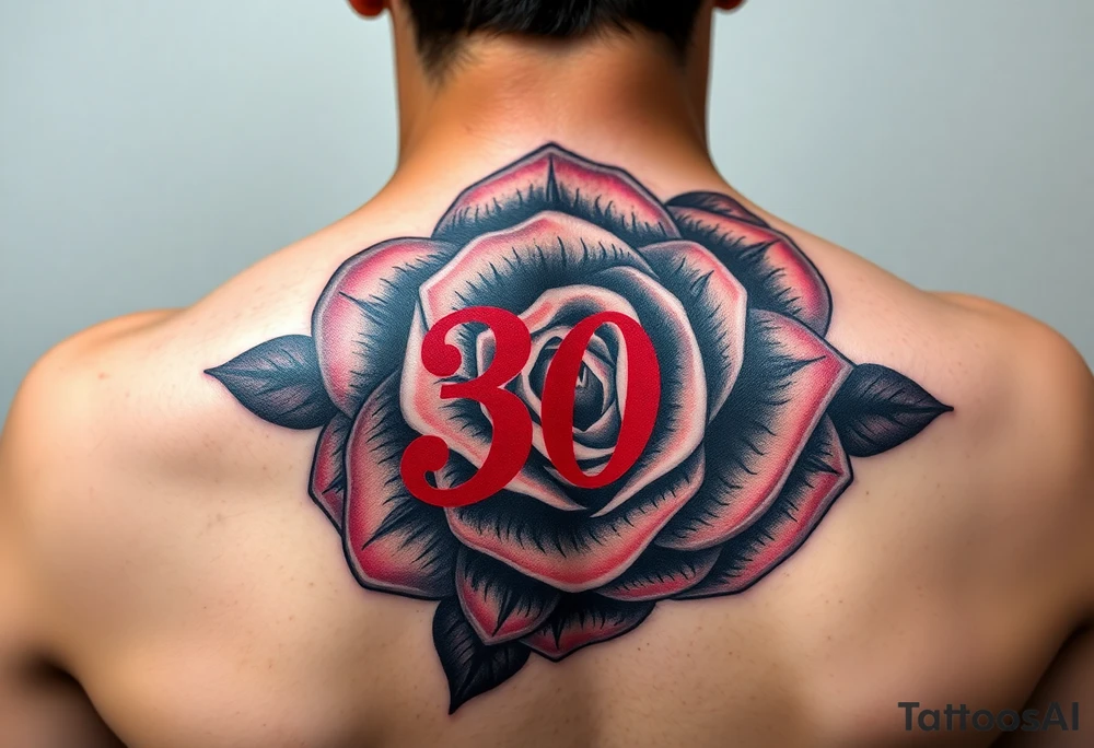 Black rose with number 30 in red ink in the middle of rose tattoo idea