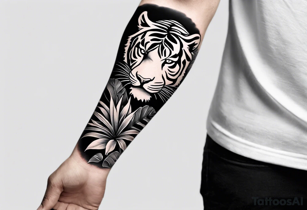 Full arm tattoo sleeve design.  Small minimalist tiger coming down front of shoulder, monstera foliage on forearm, beach landscape on bicep tattoo idea