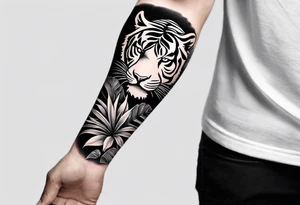 Full arm tattoo sleeve design.  Small minimalist tiger coming down front of shoulder, monstera foliage on forearm, beach landscape on bicep tattoo idea