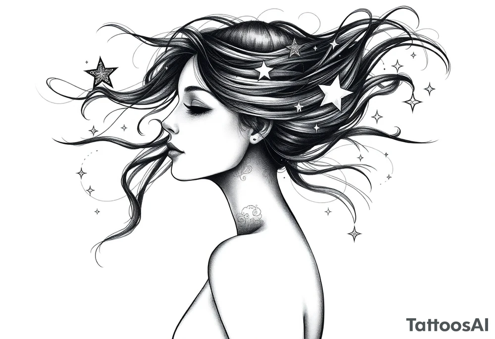 ethereal faceless woman with flowing hair and beautiful celestial stars tattoo idea