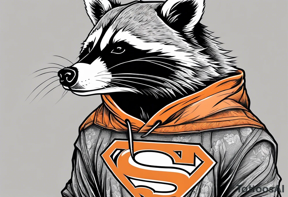 Raccoon wearing an orange Superman hoodie tattoo idea
