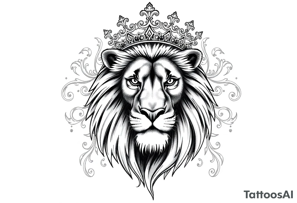 majestic lion wearing ornate crown, surrounded by baroque flourishes tattoo idea