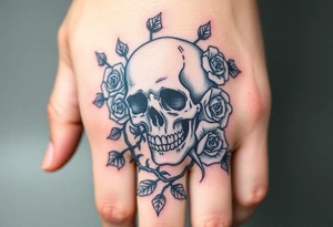 gothic skull intertwined with climbing roses and thorny vines tattoo idea