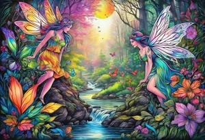 Fairies in forest neon colors tattoo idea