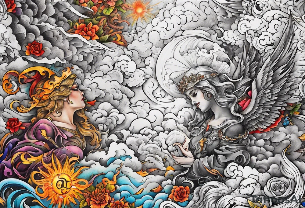 heaven and hell with angels and demons arm sleeve tattoo idea