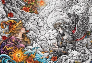 heaven and hell with angels and demons arm sleeve tattoo idea