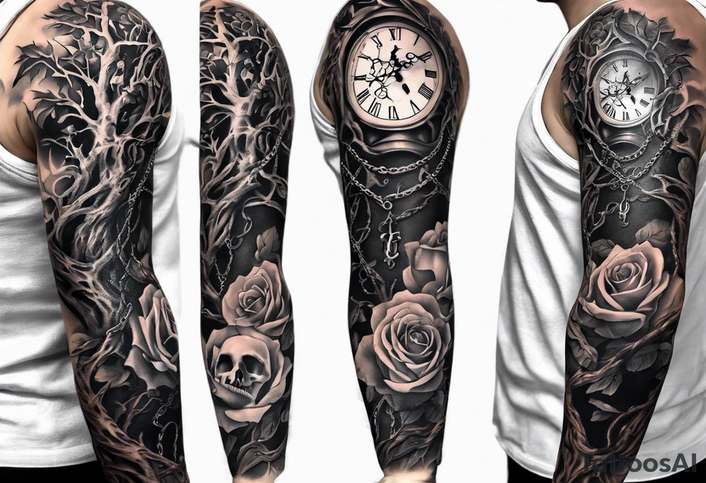 tattoo fool sleeve, tree roots break out of the chains, broken mask, clock with flying numbers, girl and skull, roses tattoo idea