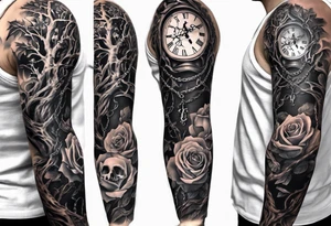 tattoo fool sleeve, tree roots break out of the chains, broken mask, clock with flying numbers, girl and skull, roses tattoo idea