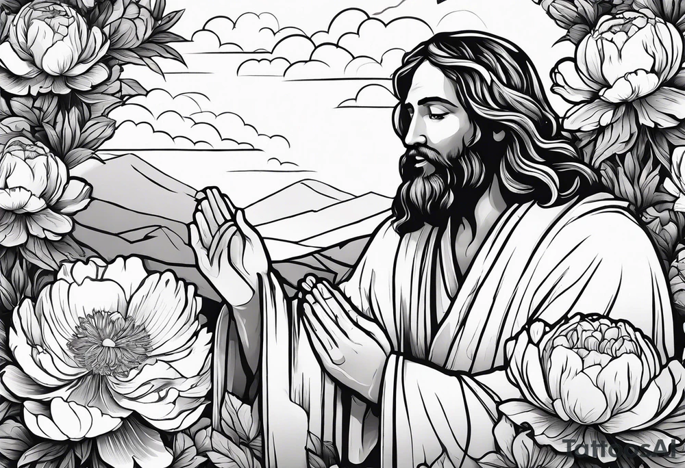 Jesus Christ praying in a peony garden and healed a blind man tattoo idea