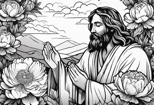 Jesus Christ praying in a peony garden and healed a blind man tattoo idea