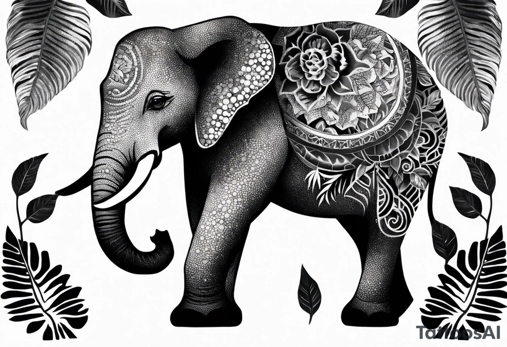 “A majestic elephant with its trunk raised, surrounded by tropical foliage, symbolizing memory and strength tattoo idea