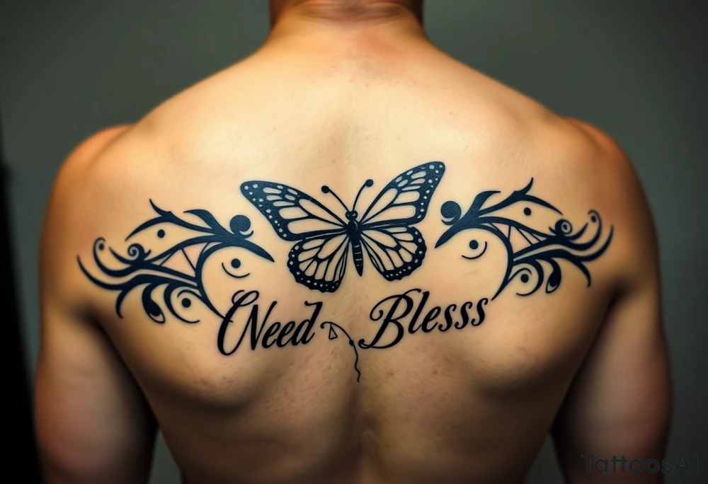 The words No Rush with a monarch butterfly in the same tatto with the words God Bless with a fishing pole. Tattoo is masculine for the upper arm. More artistic tattoo idea