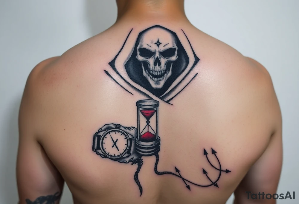 Simple grim reaper looking at a watch on his wrist with a hourglass with red sand and diamond geometric shapes tattoo idea