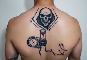 Simple grim reaper looking at a watch on his wrist with a hourglass with red sand and diamond geometric shapes tattoo idea