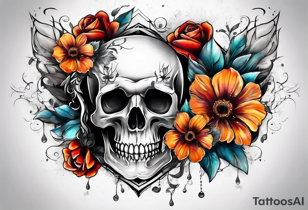 front knee tattoo with flowers & skulls, & water washes, background washes tattoo idea