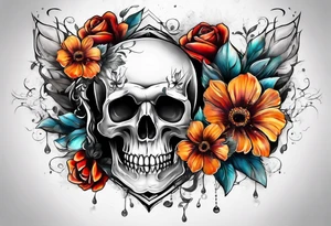 front knee tattoo with flowers & skulls, & water washes, background washes tattoo idea