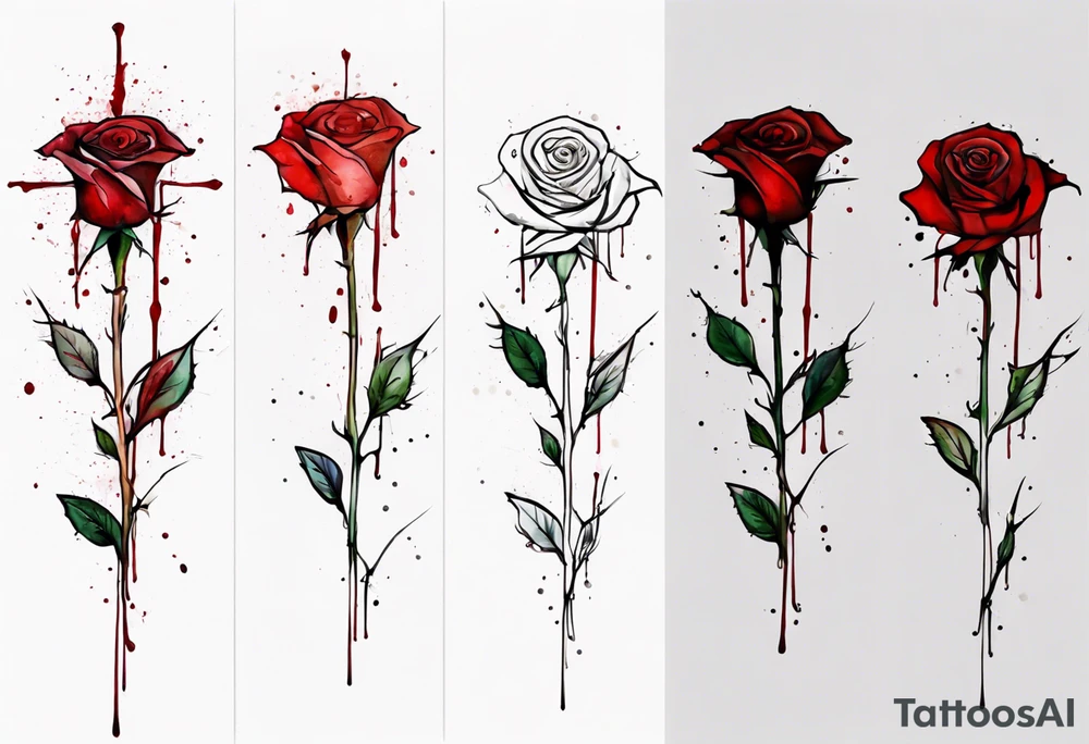 rose flower, one line, red blood dripping from the flower, tall, watercolor, with the Christian cross as the stem tattoo idea