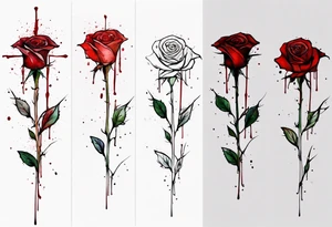 rose flower, one line, red blood dripping from the flower, tall, watercolor, with the Christian cross as the stem tattoo idea