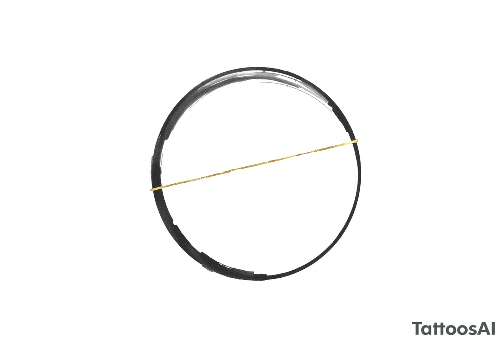 A minimalist Japanese‑inspired tattoo design of a hand‑painted Zen ensō circle, drawn with a single rough black ink brushstroke. The circle is slightly imperfect, with visible dry‑brush texture and an intentional small gap on the right side to symbolize openness and incompleteness. Running diagonally across the circle is a single elegant kintsugi crack, as if the circle were made of ceramic that has broken and been repaired with gold. The gold line is thin where it begins at the lower left of the circle and gradually becomes thicker and brighter as it moves toward the upper right, suggesting a personal journey from loss and struggle toward growth, responsibility, and meaning. Keep the overall composition very clean and uncluttered, with no extra symbols, no text, and no background, focusing only on the expressive brushstroke circle and the single golden crack. Design it as a black and gray linework tattoo with a subtle metallic gold effect on the kintsugi line, suitable for a medium‑sized placement on the inner forearm. tattoo idea