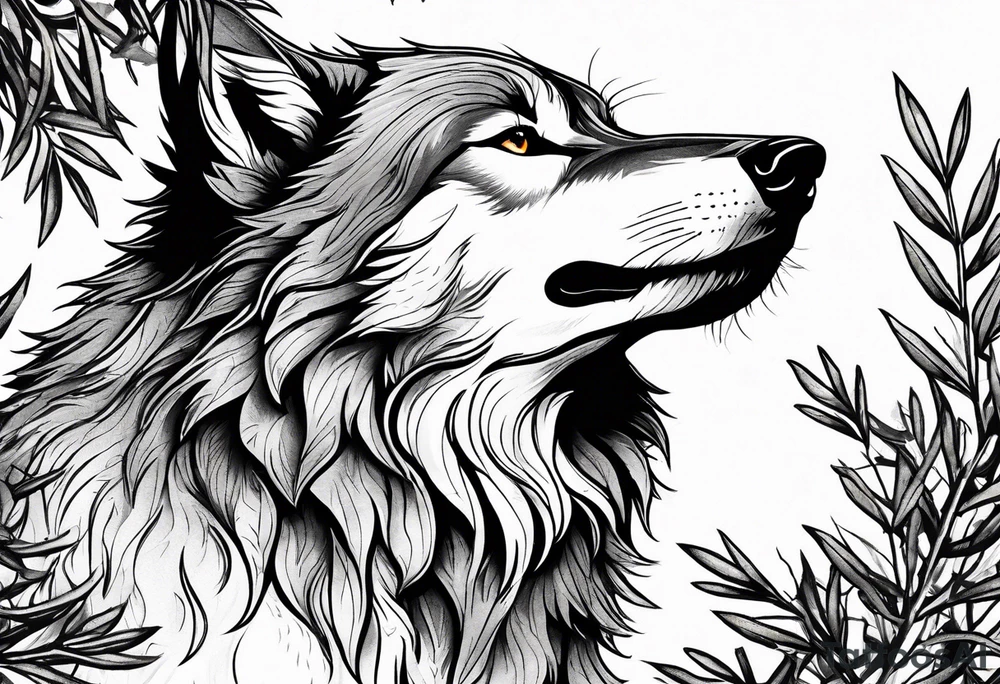 realistic howling wolf drawn with olive tree branches and leaves tattoo idea