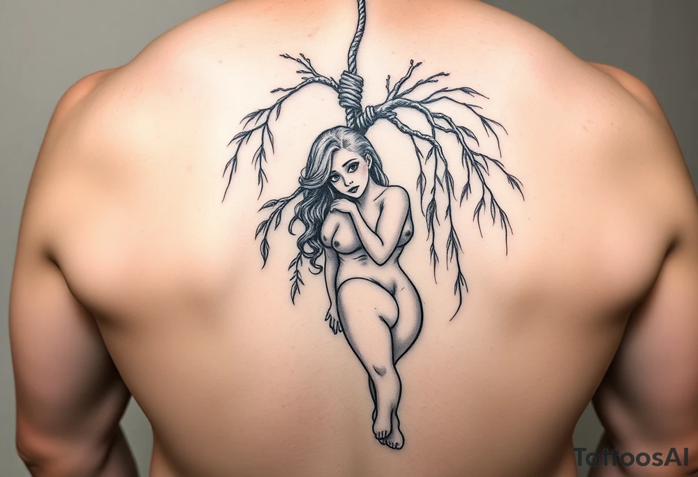 Fat sexy woman hanging with a noose around her neck a weeping willow tree tattoo idea