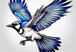 Strong blue jay bird in flight downwards tattoo idea