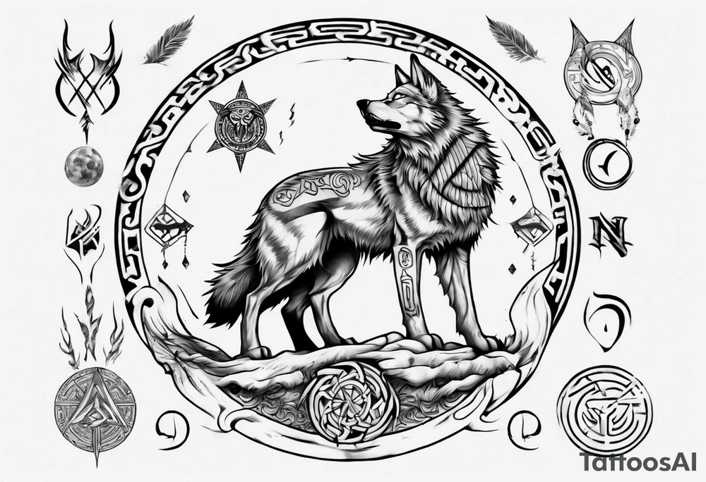 Wolf  howling with Norse symbols, a bit of Māori tattooing and my nanas name joy tattoo idea