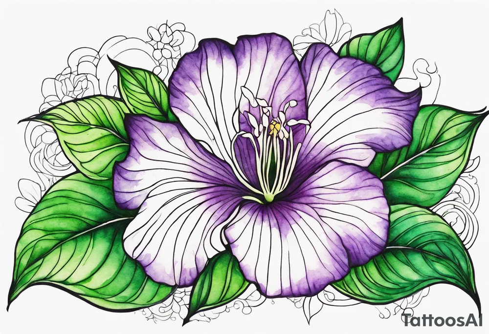 An outline of a rio dipladenia flower with a green and purple watercolor background tattoo idea