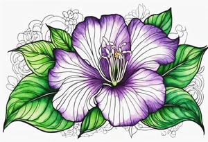 An outline of a rio dipladenia flower with a green and purple watercolor background tattoo idea
