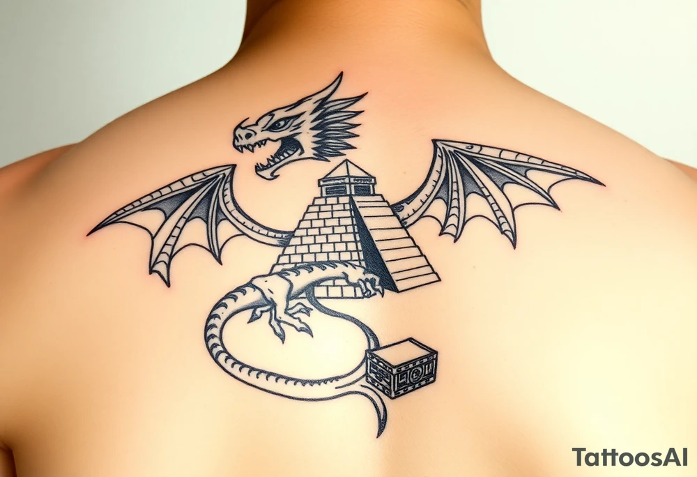 Aztec dragon with pyramid and treasure tattoo idea