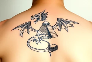 Aztec dragon with pyramid and treasure tattoo idea
