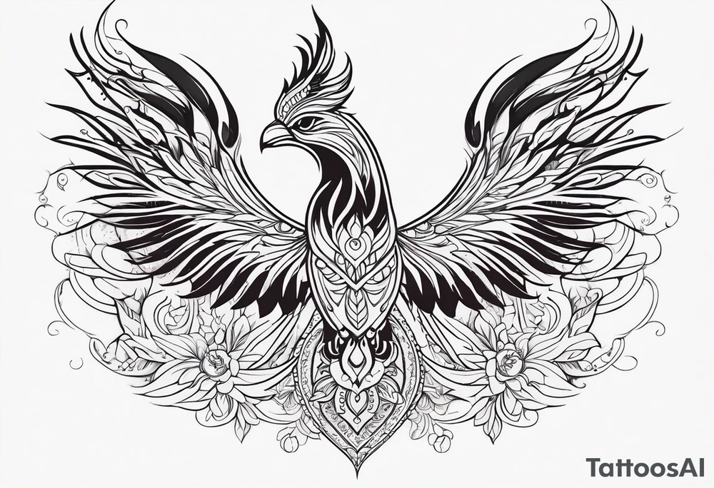 Tribal bohemian feminine impowering Phoenix rising with smoke, mandala sun, floral, lace background tattoo idea