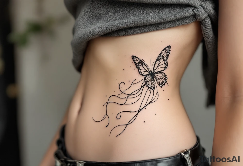 A delicate, large-scale fine line tattoo on the side torso of a woman with fair skin, extending from the ribs to the hip. The design features flowing, abstract organic lines resembling underwater seaweed or jellyfish tentacles, with soft curvature and elegant movement. The black ink lines are thin and airy, creating a sense of fluidity and lightness. The tattoo combines abstract botanical and marine influences, with a sensual, feminine, modern aesthetic butterfly. Photorealistic style, high detail, natural lighting, soft shadows. tattoo idea